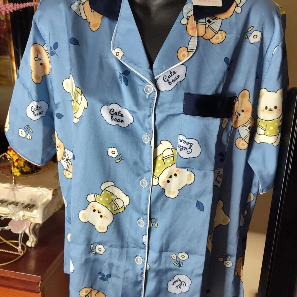 Nyu Collection Cute Teddy Bear Satin Pajama Top